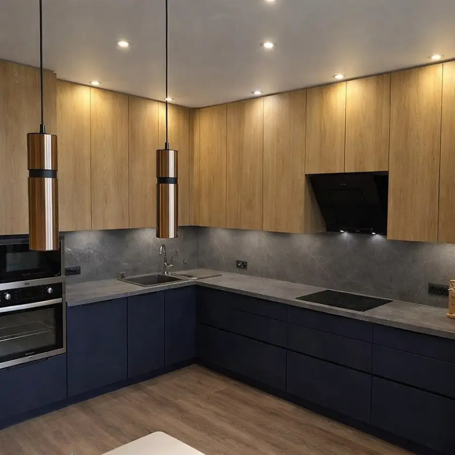 Кухня 1.78: дуб крафт, низ темно синий, столешница серый камень